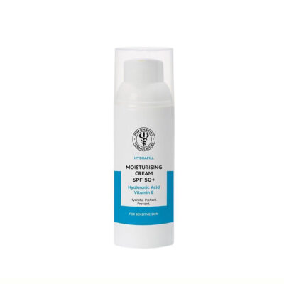 PF Moisturising Cream SPF 50+ bottle featuring a 3-in-1 formula with hyaluronic acid and vitamin E, offering deep hydration, nourishment, and broad-spectrum sun protection against UVA, UVB, and infrared rays.